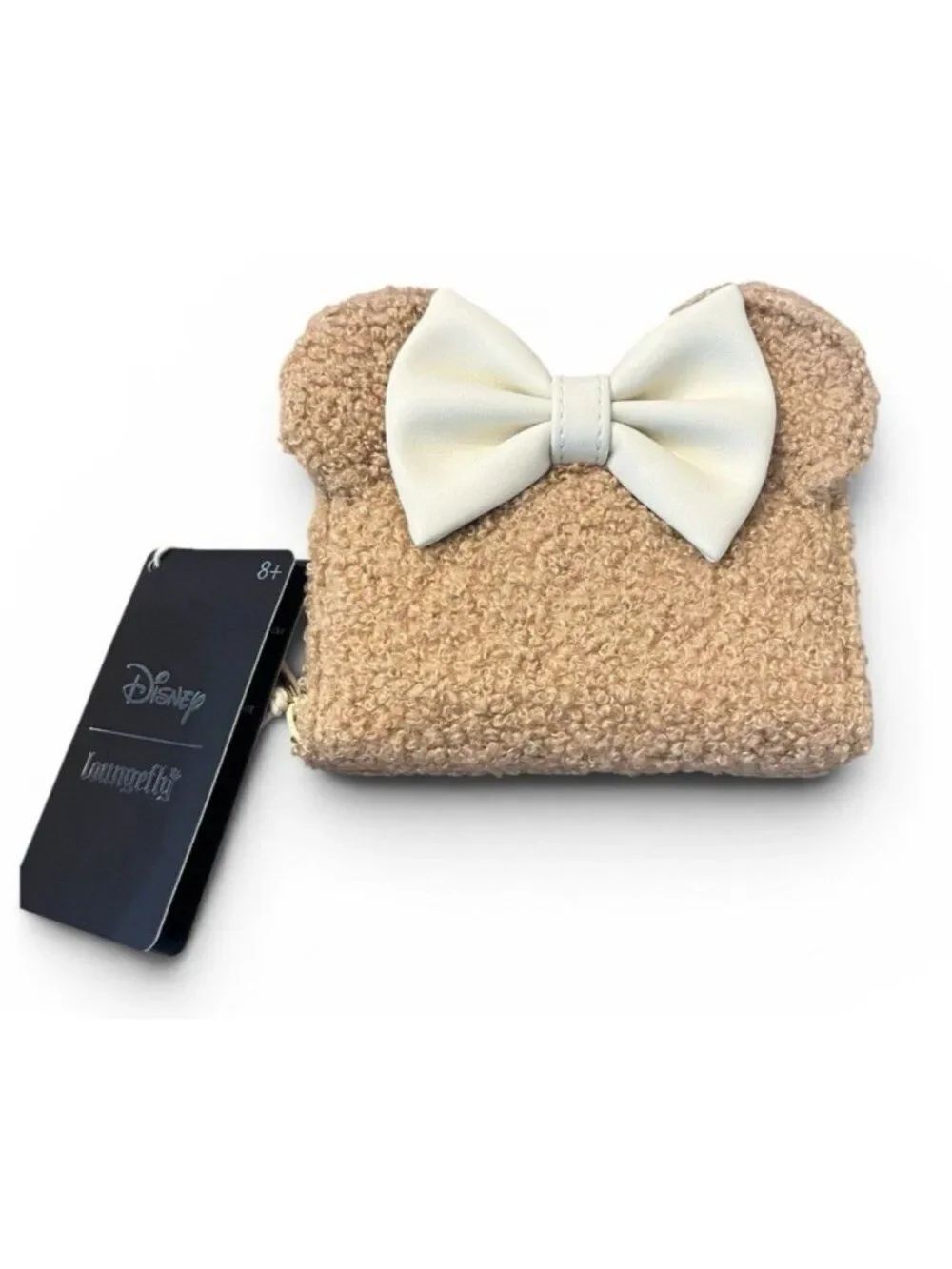 Loungefly Disney Minnie Mouse Sherpa Beige Wallet Bow Zip Around Faux Fur ID NWT
